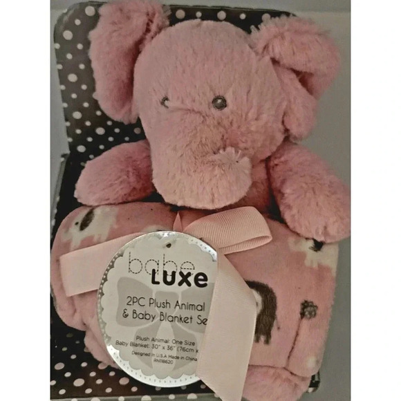 Babe Lux Plush Animal Elephant and Baby Blanket Set Pink and White New - Picture 5 of 6
